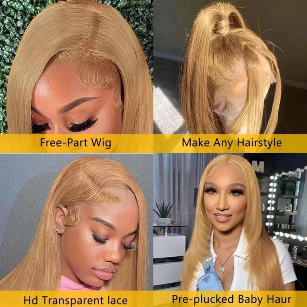 36 Inch Honey Blonde Human Hair Wig Straight 13x6 HD Lace Front Wig 180% Density 13x4 Lace Wigs Brazilian Human Hair 27# Color