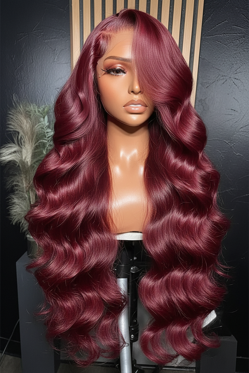 13x6 Human Hair Lace Wig, High-Definition Burgundy Lace Wig, Human Hair With Aligned Cuticle Layer, Indian Hair Wig